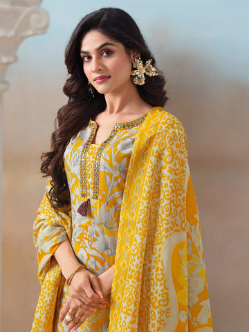 Floral Printed Kurta with Mirror Detailing Paired with Printed Trouser And Dupatta