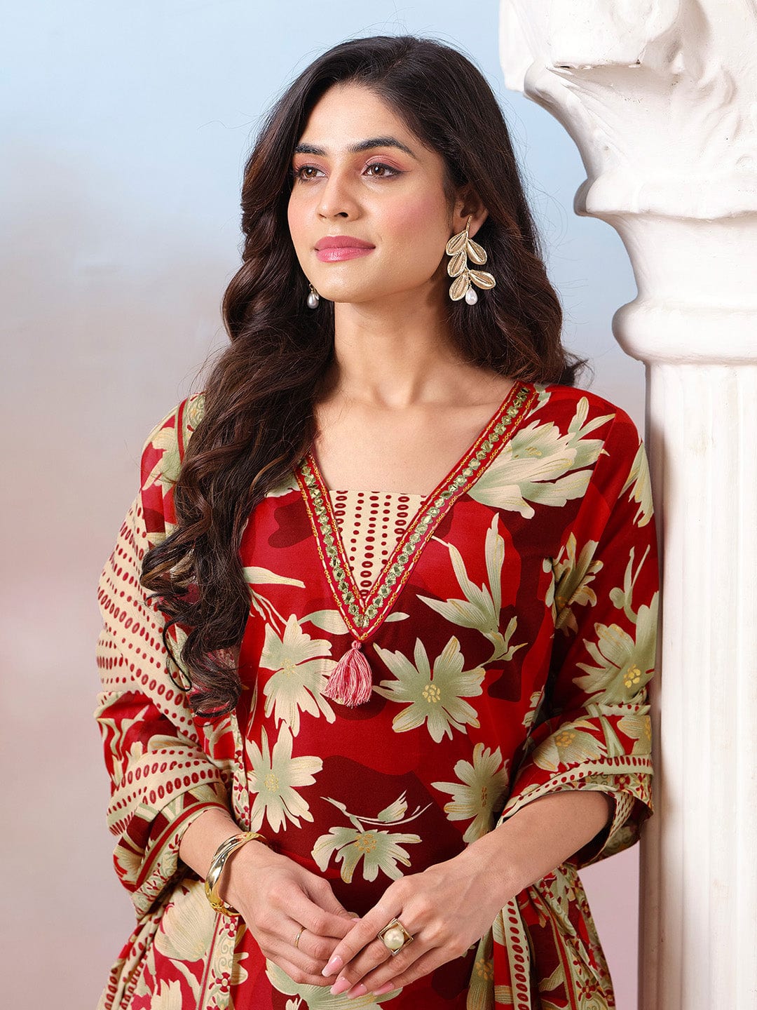 Floral Printed Kurta with Mirror Detailing Paired with Printed Trouser And Dupatta