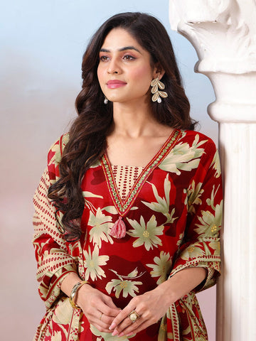 Floral Printed Kurta with Mirror Detailing Paired with Printed Trouser And Dupatta