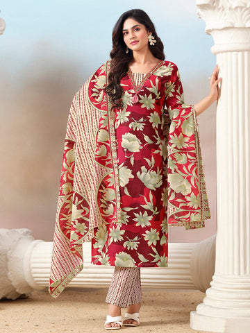 Floral Printed Kurta with Mirror Detailing Paired with Printed Trouser And Dupatta