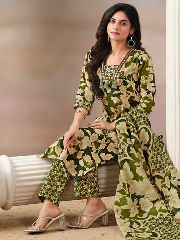 Floral Printed Kurta with Mirror Detailing Paired with Printed Trouser And Dupatta
