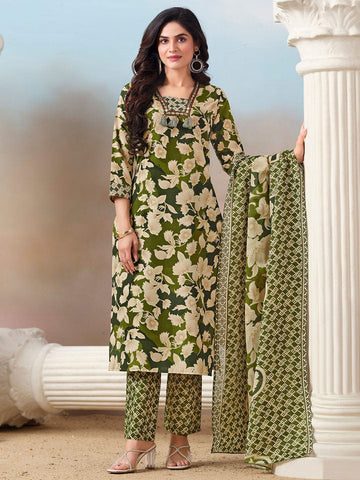 Floral Printed Kurta with Mirror Detailing Paired with Printed Trouser And Dupatta