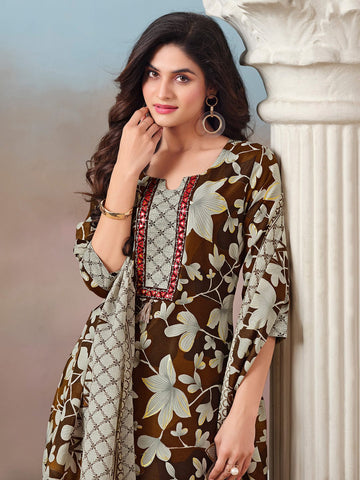 Floral Printed Kurta with Mirror Detailing Paired with Printed Trouser And Dupatta