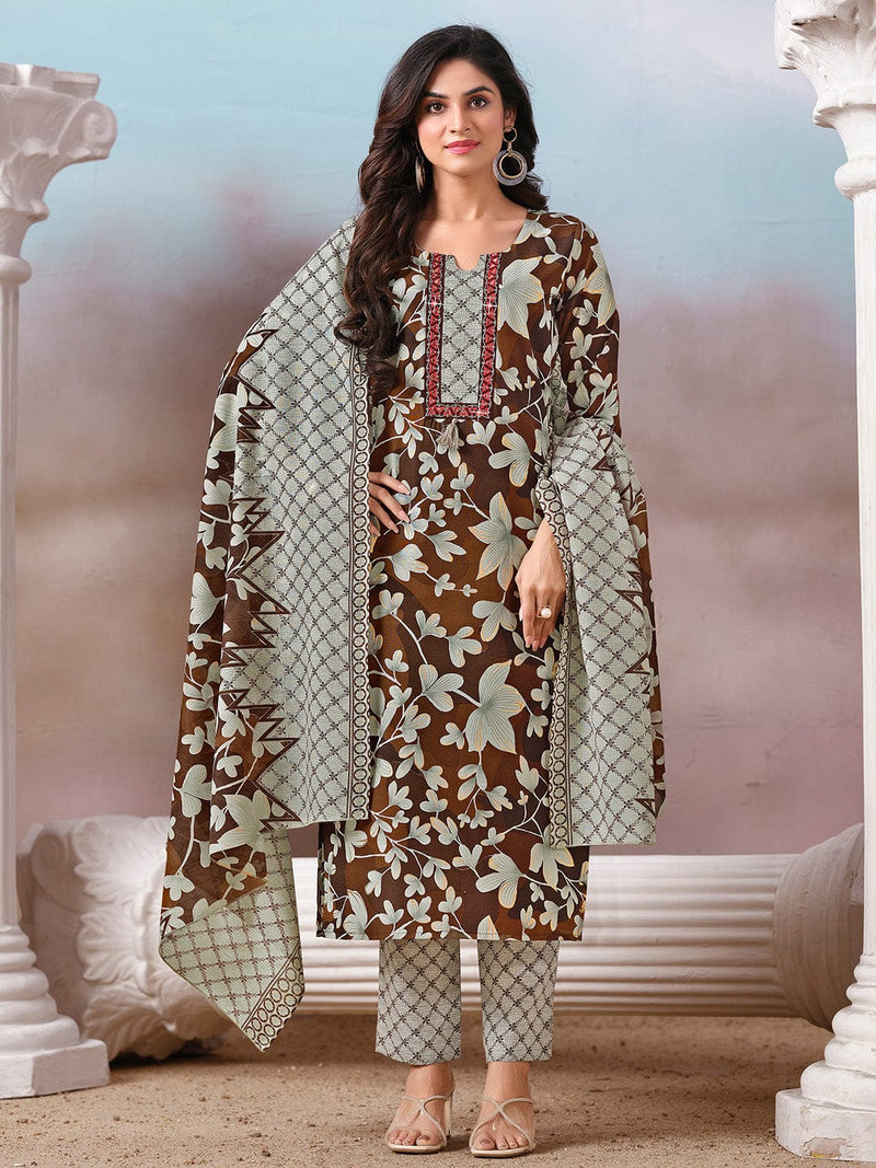 Floral Printed Kurta with Mirror Detailing Paired with Printed Trouser And Dupatta