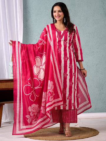 Stripper with Floral Printed Kurta with Trouser & Dupatta