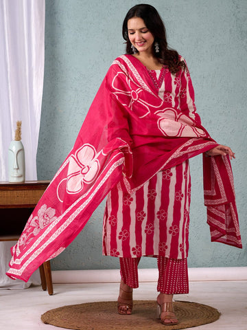 Stripper with Floral Printed Kurta with Trouser & Dupatta
