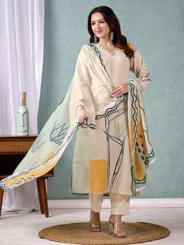 Abstract Floral Printed Thread Embroidered Kurta with Trouser & Dupatta