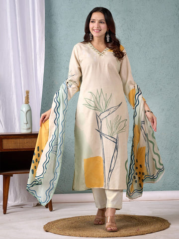 Abstract Floral Printed Thread Embroidered Kurta with Trouser & Dupatta