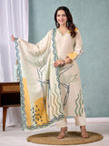 Abstract Floral Printed Thread Embroidered Kurta with Trouser & Dupatta