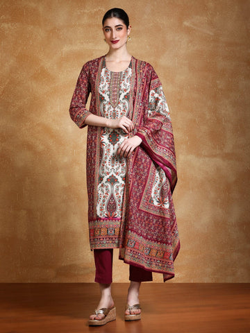 Ethnic Pakistani Printed Mirror And Thread Embroidered Kurta with Trouser & Dupatta
