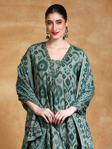 Ikat Printed Thread Embroidered Flared Kurta with Trouser & Dupatta