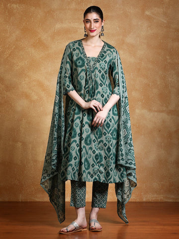 Ikat Printed Thread Embroidered Flared Kurta with Trouser & Dupatta