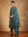 Ikat Printed Thread Embroidered Flared Kurta with Trouser & Dupatta