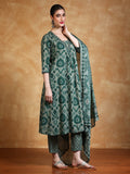 Ikat Printed Thread Embroidered Flared Kurta with Trouser & Dupatta