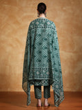 Ikat Printed Thread Embroidered Flared Kurta with Trouser & Dupatta