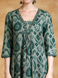 Ikat Printed Thread Embroidered Flared Kurta with Trouser & Dupatta