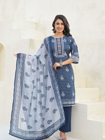 Varanga Women Stripper with Floral Printed Sequin Embroidered Kurta with Trouser & Dupatta
