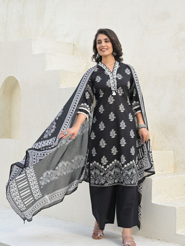 Varanga Women Mirror & Thread Embroidered Ethnic Printed Kurta with Trouser & Dupatta