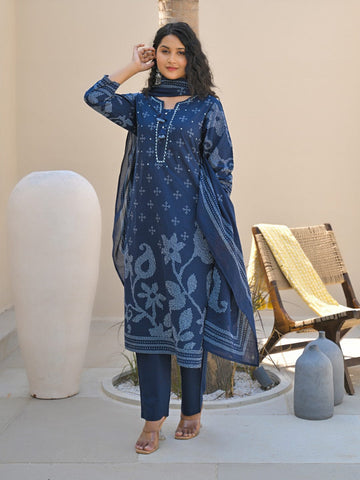 Varanga Women Floral Motif Bandhani Printed Sequin Embelished Kurta with Trouser & Dupatta