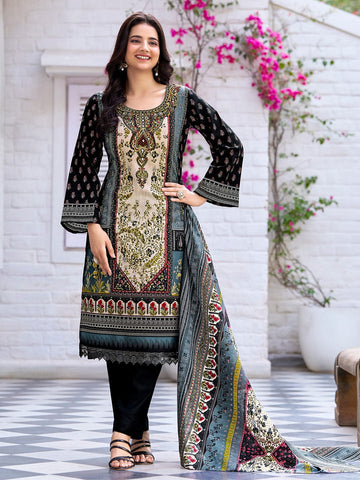 Varanga Women Ethnic Floral Mirror Embroidered Pakistani Kurta With Trouser & Dupatta