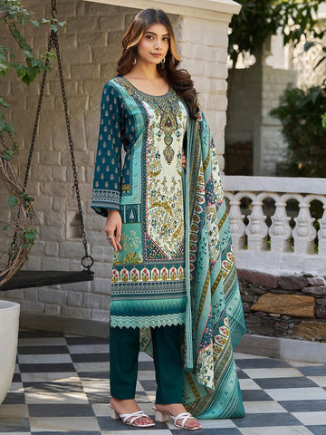 Varanga Women Ethnic Floral Mirror Embroidered Pakistani Kurta With Trouser & Dupatta