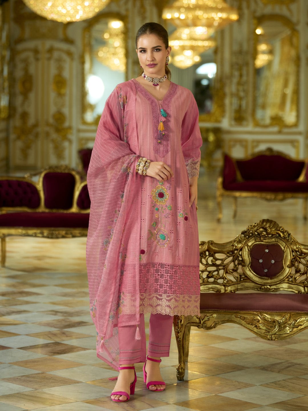 Varanga Women-Floral Motif Thread Embroidered Schiffli & Orangza Lace Detailed Kurta With Trouser & Dupatta