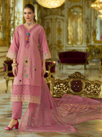Varanga Women-Floral Motif Thread Embroidered Schiffli & Orangza Lace Detailed Kurta With Trouser & Dupatta