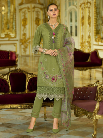 Varanga Women-Floral Motif Thread Embroidered Schiffli & Orangza Lace Detailed Kurta With Trouser & Dupatta