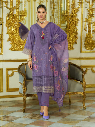 Varanga Women-Floral Motif Thread Embroidered Schiffli & Orangza Lace Detailed Kurta With Trouser & Dupatta