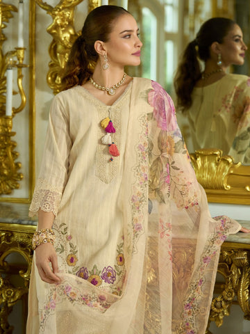 Varanga Women-Floral Motif Thread Embroidered Schiffli & Orangza Lace Detailed Kurta With Trouser & Dupatta