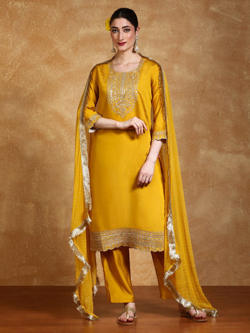zari embroidered yoke Kurta With trouser and Dupatta