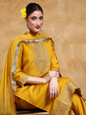 zari embroidered yoke Kurta With trouser and Dupatta