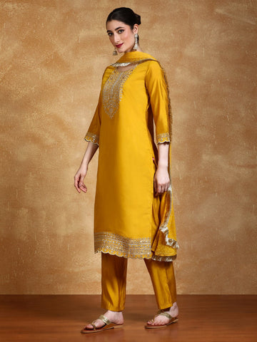zari embroidered yoke Kurta With trouser and Dupatta