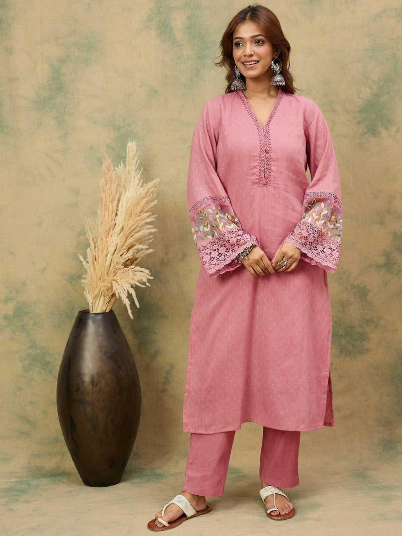 varanga Women A Graceful 3-Piece Set Featuring A Pink Self-Design Straight-Fit Kurta With Bell Sleeves, Solid Ankle-Length Trousers, And A Floral Printed Dupatta For A Timeless Ethnic Look.