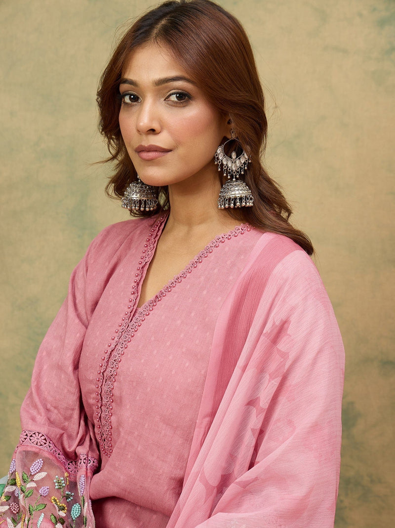 varanga Women A Graceful 3-Piece Set Featuring A Pink Self-Design Straight-Fit Kurta With Bell Sleeves, Solid Ankle-Length Trousers, And A Floral Printed Dupatta For A Timeless Ethnic Look.