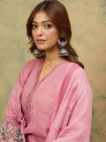 varanga Women A Graceful 3-Piece Set Featuring A Pink Self-Design Straight-Fit Kurta With Bell Sleeves, Solid Ankle-Length Trousers, And A Floral  Printed Dupatta For A Timeless Ethnic Look.