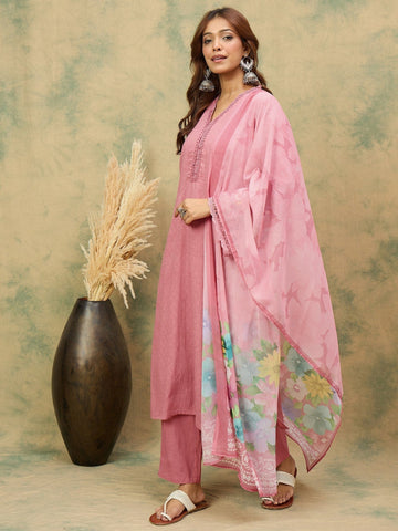 varanga Women A Graceful 3-Piece Set Featuring A Pink Self-Design Straight-Fit Kurta With Bell Sleeves, Solid Ankle-Length Trousers, And A Floral Printed Dupatta For A Timeless Ethnic Look.