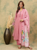 varanga Women A Graceful 3-Piece Set Featuring A Pink Self-Design Straight-Fit Kurta With Bell Sleeves, Solid Ankle-Length Trousers, And A Floral  Printed Dupatta For A Timeless Ethnic Look.