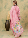 varanga Women A Graceful 3-Piece Set Featuring A Pink Self-Design Straight-Fit Kurta With Bell Sleeves, Solid Ankle-Length Trousers, And A Floral  Printed Dupatta For A Timeless Ethnic Look.