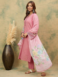 varanga Women A Graceful 3-Piece Set Featuring A Pink Self-Design Straight-Fit Kurta With Bell Sleeves, Solid Ankle-Length Trousers, And A Floral  Printed Dupatta For A Timeless Ethnic Look.