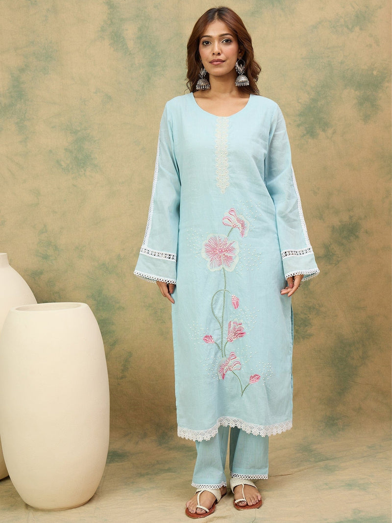 varanga Women A Graceful 3-Piece Set Featuring A Sky Blue Straight-Fit Kurta With Bell Sleeves, Solid Ankle-Length Trousers, And A Floral Printed Dupatta For A Timeless Ethnic Look.