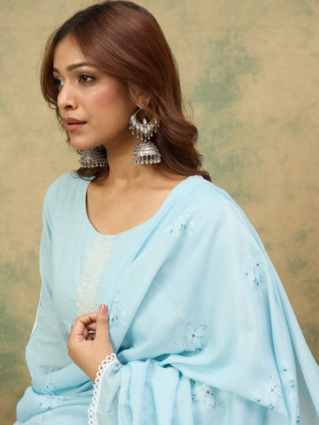 varanga Women A Graceful 3-Piece Set Featuring A Sky Blue Straight-Fit Kurta With Bell Sleeves, Solid Ankle-Length Trousers, And A Floral Printed Dupatta For A Timeless Ethnic Look.