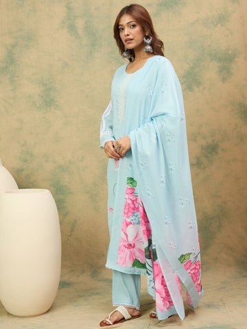 varanga Women A Graceful 3-Piece Set Featuring A Sky Blue Straight-Fit Kurta With Bell Sleeves, Solid Ankle-Length Trousers, And A Floral Printed Dupatta For A Timeless Ethnic Look.