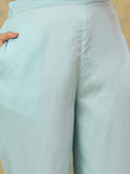 varanga Women A Graceful 3-Piece Set Featuring A Sky Blue Straight-Fit Kurta With Bell Sleeves, Solid Ankle-Length Trousers, And A Floral  Printed Dupatta For A Timeless Ethnic Look.