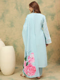 varanga Women A Graceful 3-Piece Set Featuring A Sky Blue Straight-Fit Kurta With Bell Sleeves, Solid Ankle-Length Trousers, And A Floral  Printed Dupatta For A Timeless Ethnic Look.