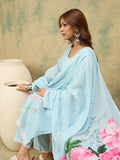 varanga Women A Graceful 3-Piece Set Featuring A Sky Blue Straight-Fit Kurta With Bell Sleeves, Solid Ankle-Length Trousers, And A Floral  Printed Dupatta For A Timeless Ethnic Look.