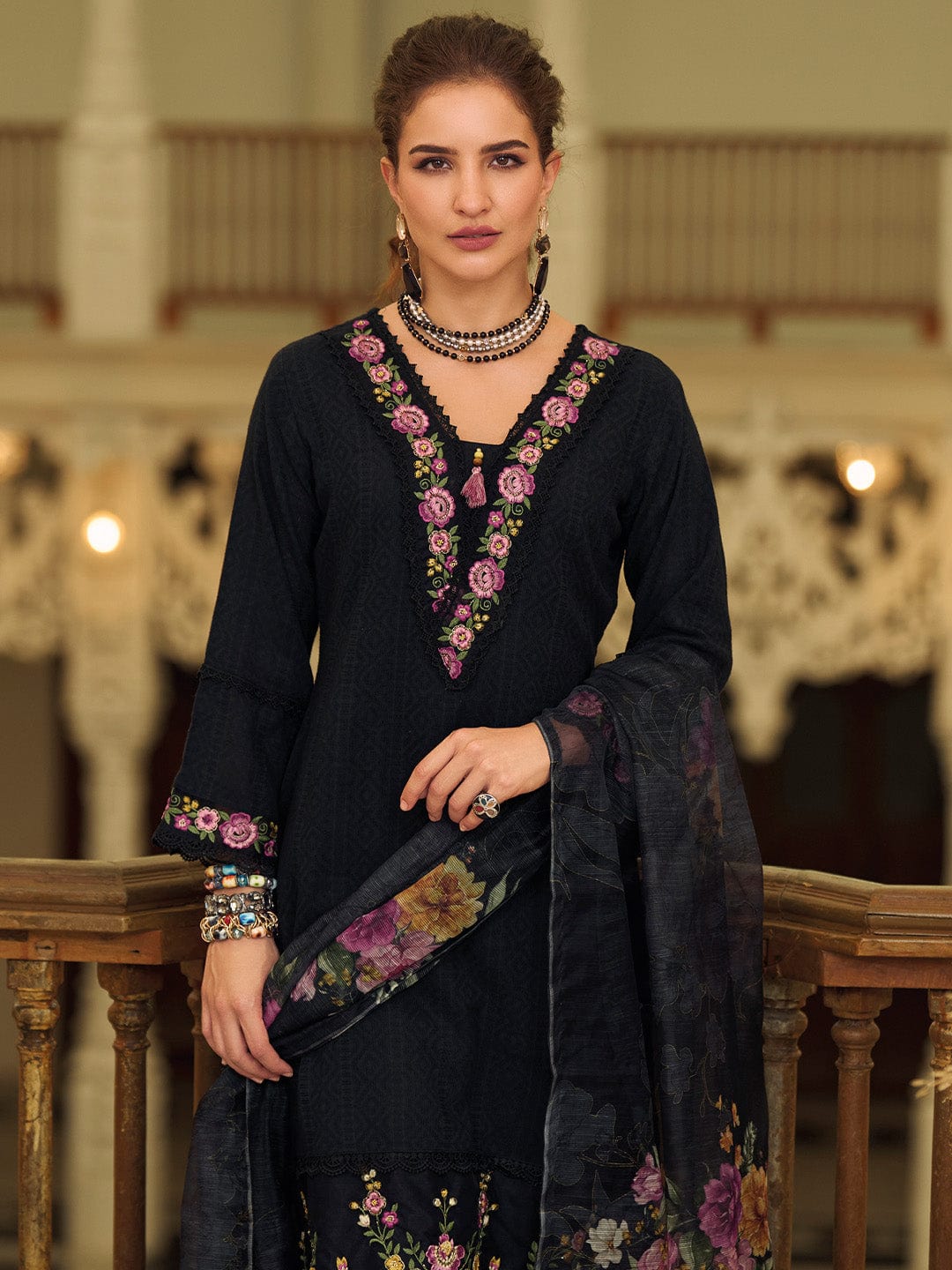 Varanga Women Floral Motif Thread Embroidered & Orangza Lace Detailed Kurta With Trouser & Dupatta