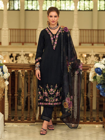 Varanga Women Floral Motif Thread Embroidered & Orangza Lace Detailed Kurta With Trouser & Dupatta