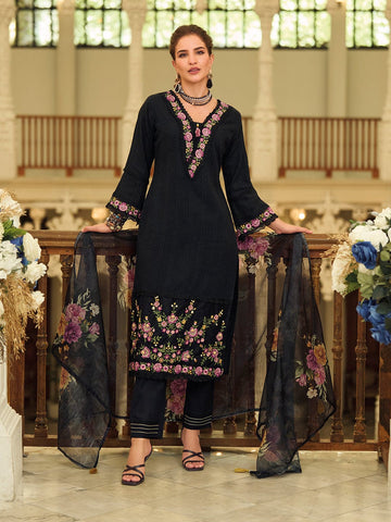 Varanga Women Floral Motif Thread Embroidered & Orangza Lace Detailed Kurta With Trouser & Dupatta