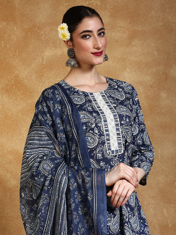 Paisley Printed Round Neck Kurta With Trouser & Dupatta